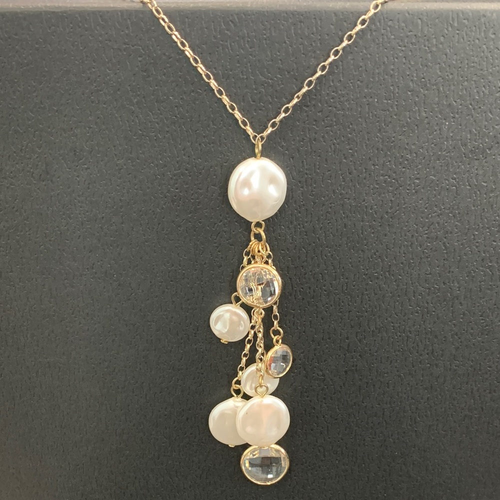 Elegant LOFT Gold Tone Pearl and Crystal Dangle Necklace - White
